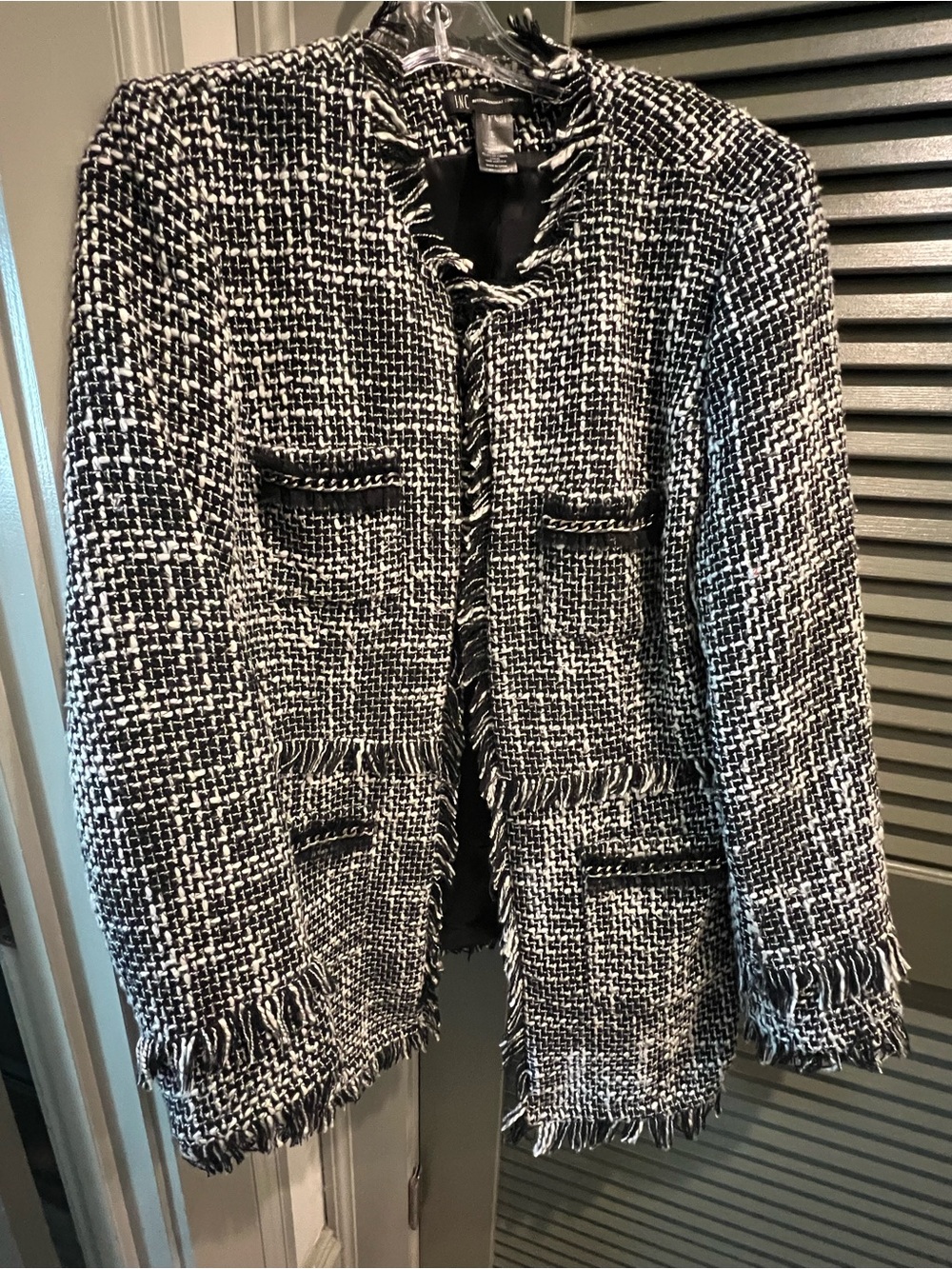 INC International Concepts Black & White Tweed Fringe Blazer - Picture 5 of 8